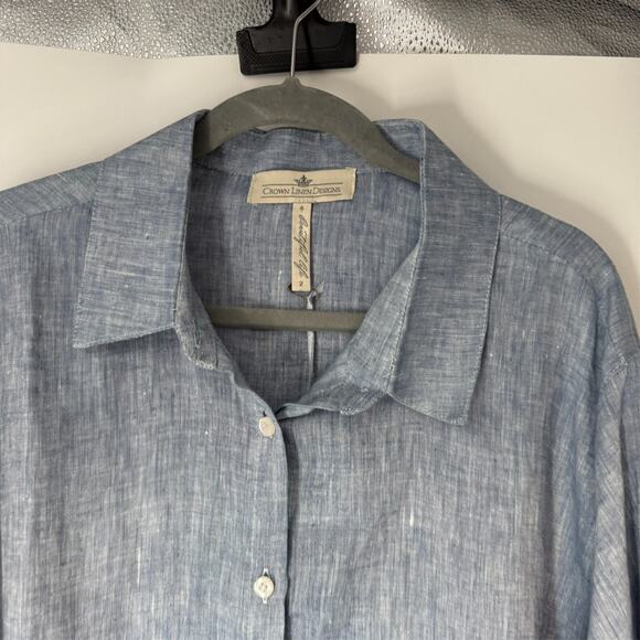 NWT Crown Linen Designs Shirt Dress Women 2 Blue Long Sleeve Coastal Oversized - Picture 3 of 10